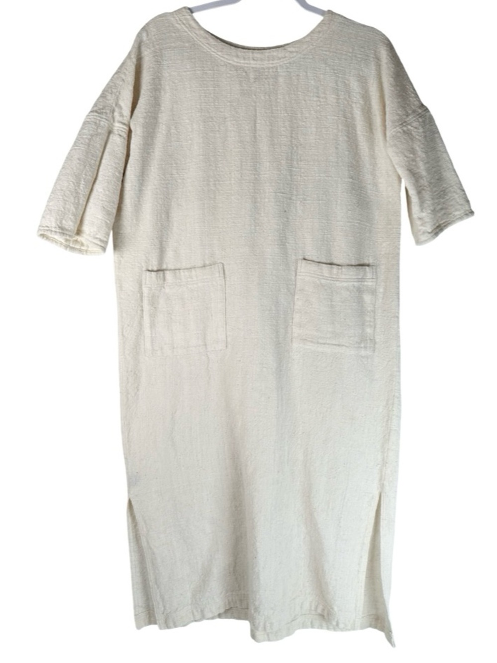 GAEBI Lagenlook Woven Natural Organic Cotton Patch Pocket Cream Dress One Size